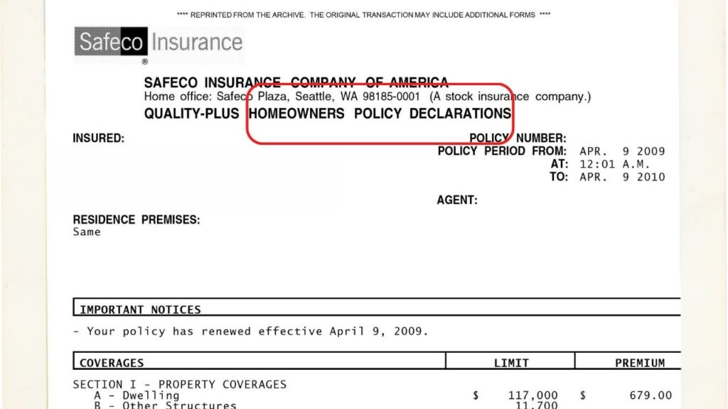 dwelling insurance declarations page